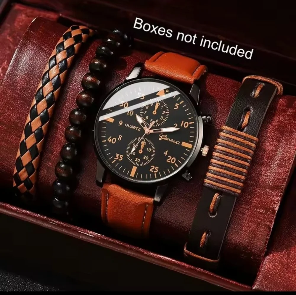 Men's‎ Watch Bracelets Set Leather Braided Layered Brown New f96